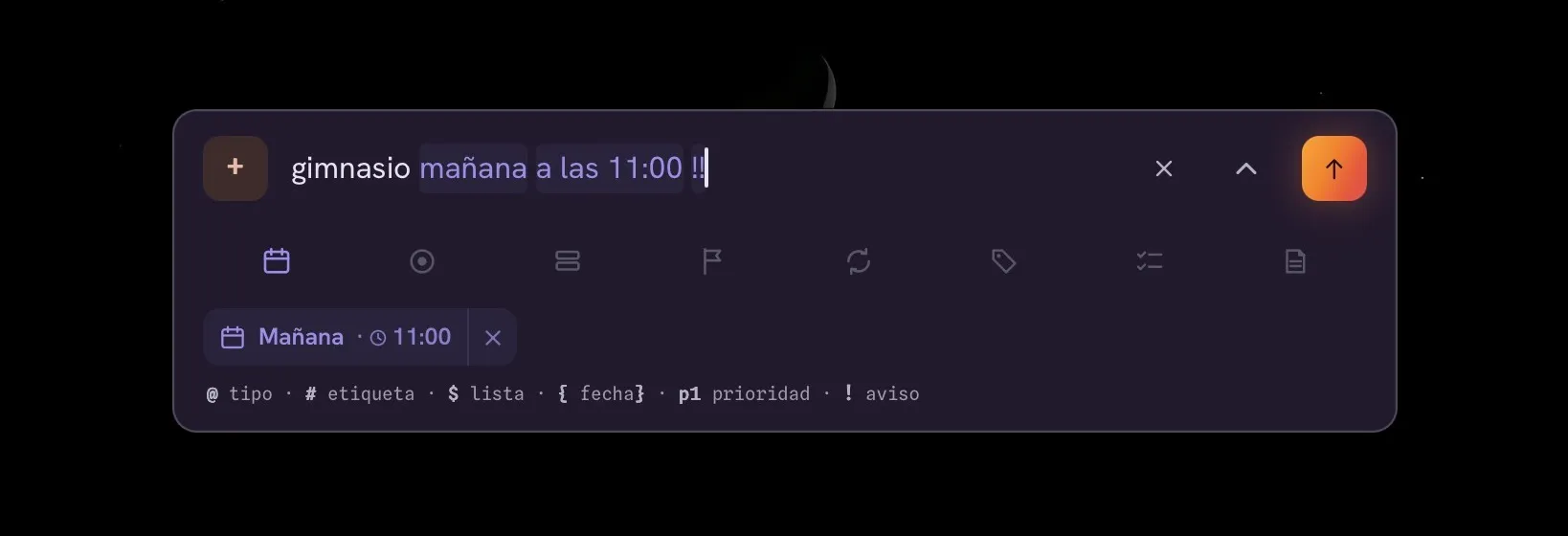 Lumbre's floating quick capture window over the desktop. The field reads «gimnasio mañana a las 11:00» followed by two exclamation marks; the words «mañana» and «a las 11:00» are highlighted as recognised, and below them the app has already produced a chip with the resolved date: «Mañana, 11:00». At the bottom, the syntax hints: at sign for type, hash for tag, dollar for list, braces for date, p1 for priority, exclamation mark for reminder.