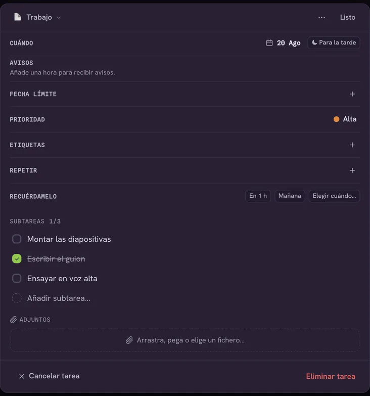 A Lumbre task detail: the property rows (when, alerts, deadline, High priority, tags, repeat, remind me), three subtasks with one completed, and the attachments area.