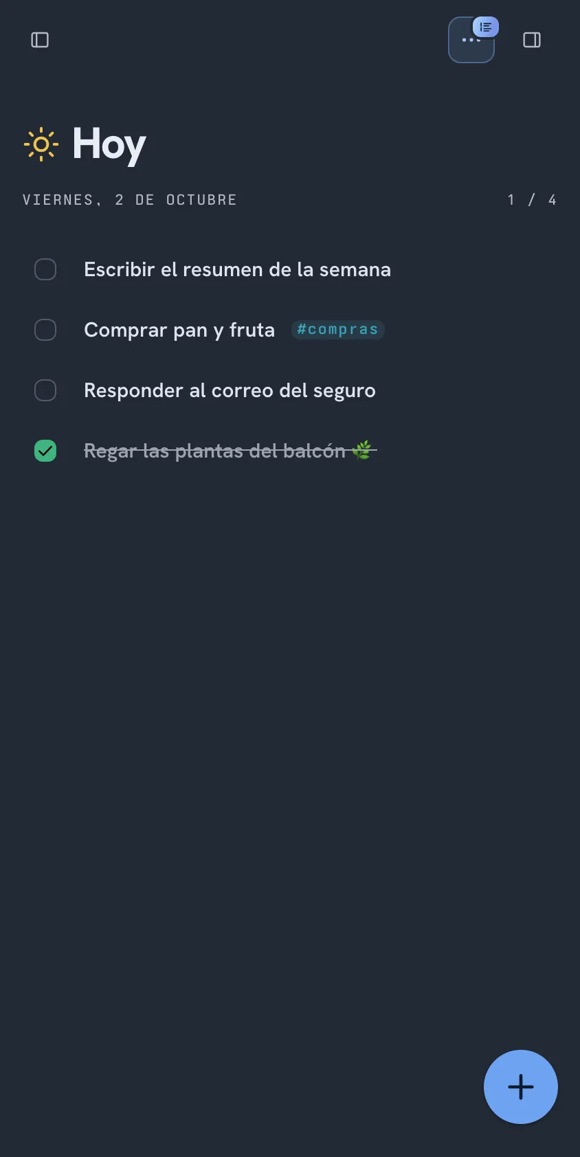 Vista Hoy de Lumbre en el móvil: cabecera con «Viernes, 2 de octubre» y el progreso 1 / 4, cuatro tareas con la última hecha y tachada, y el botón flotante de añadir tarea.