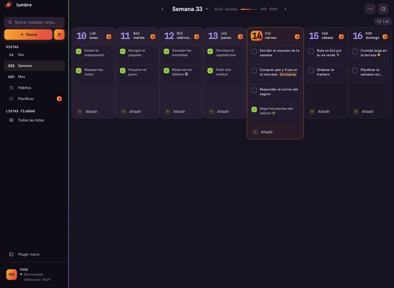 Lumbre's weekly Columns view in dark mode: seven day cards for week 33 (10-16 August) with Friday highlighted as today, completed tasks struck through from Monday to Thursday, and the sidebar expanded on the left.